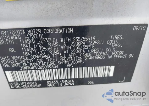 2011 Toyota Rav4 Sport V6 z USA, uszkodzony, nr VIN JTMRK4DV0B5099634